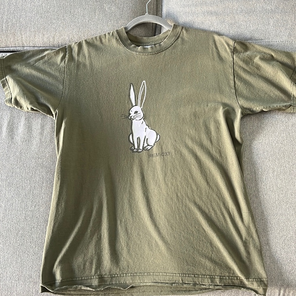 Vintage 90s REM T-Shirt 1999 Bunny Tour Men's Size L Olive Green Band Tee
